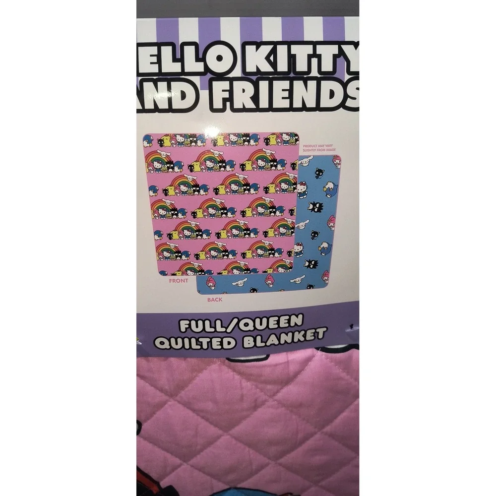 Sanrio Hello Kitty and Friend Full Queen Quilted Blanket Pink Rainbow Reversible